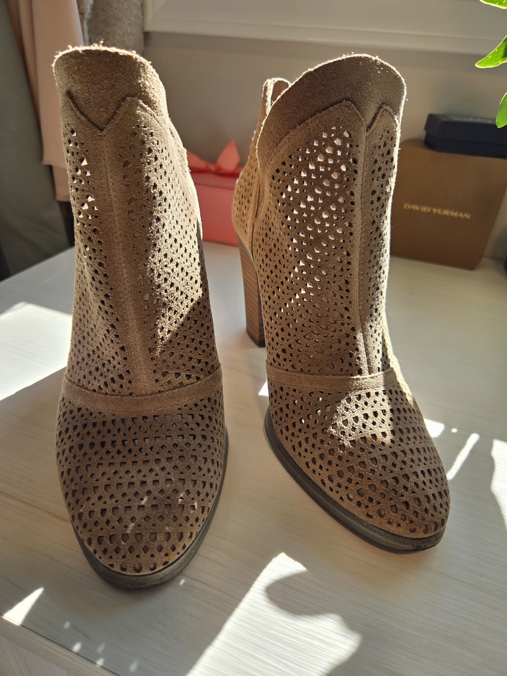 Vince Camuto Tan Perforated Suede Ankle Booties